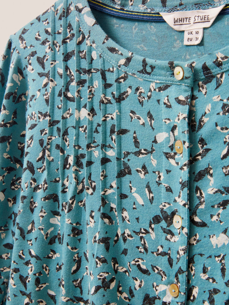 White Stuff Bennie Tie Hem Shirt in Teal Print