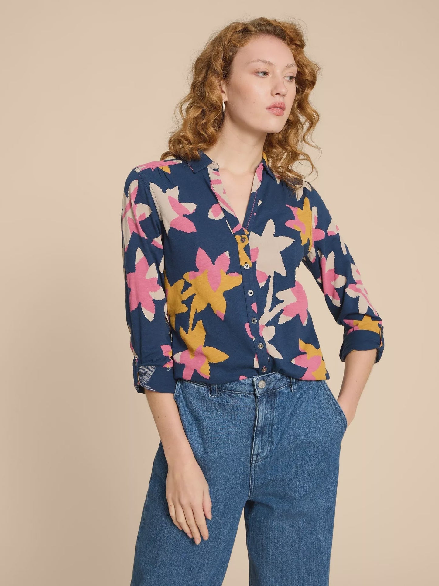 White Stuff Annie Jersey Print Shirt in Navy Print