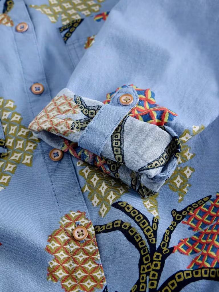 White Stuff Sophie Collared Organic Cotton Shirt in Blue Print