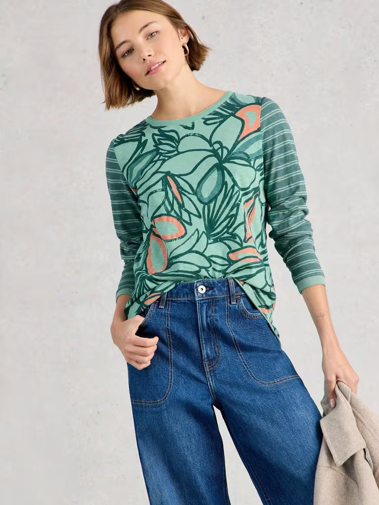 White Stuff Clara Long Sleeve Crew Neck in Teal Print