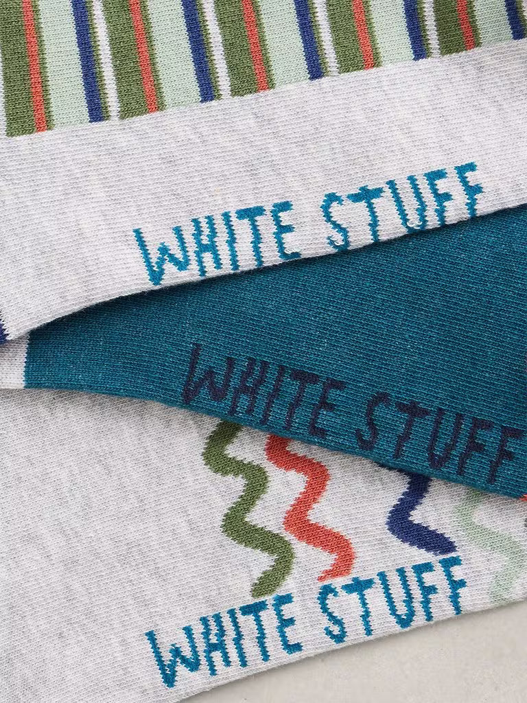 White Stuff 3 Pack Patterned Trainer Socks in Teal Multi