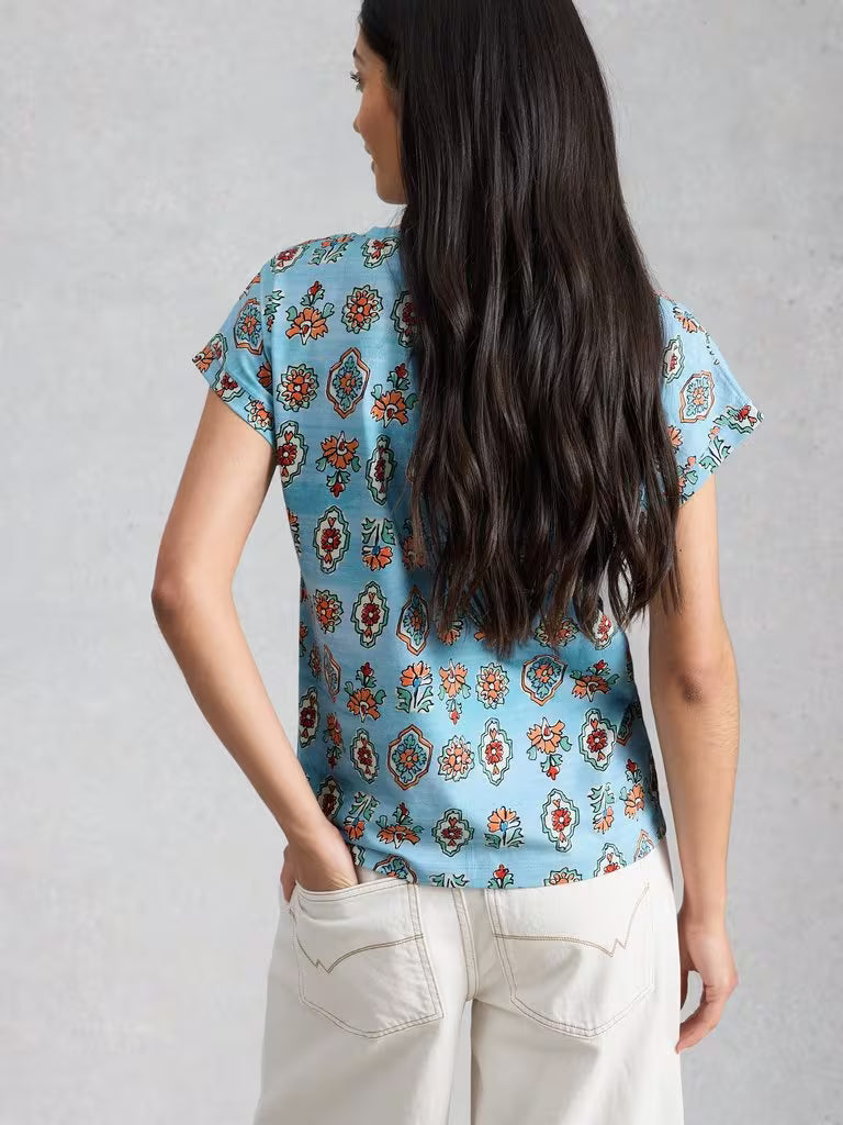 White Stuff Nelly Print Notch Neck Tee in Blue Print
