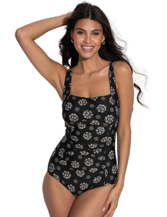 Pour Moi Santa Barbara Ruched Tummy Control Swimsuit in Black/White