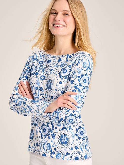 Joules New Harbour Blue Floral Boat Neck Breton Top in Blue Floral