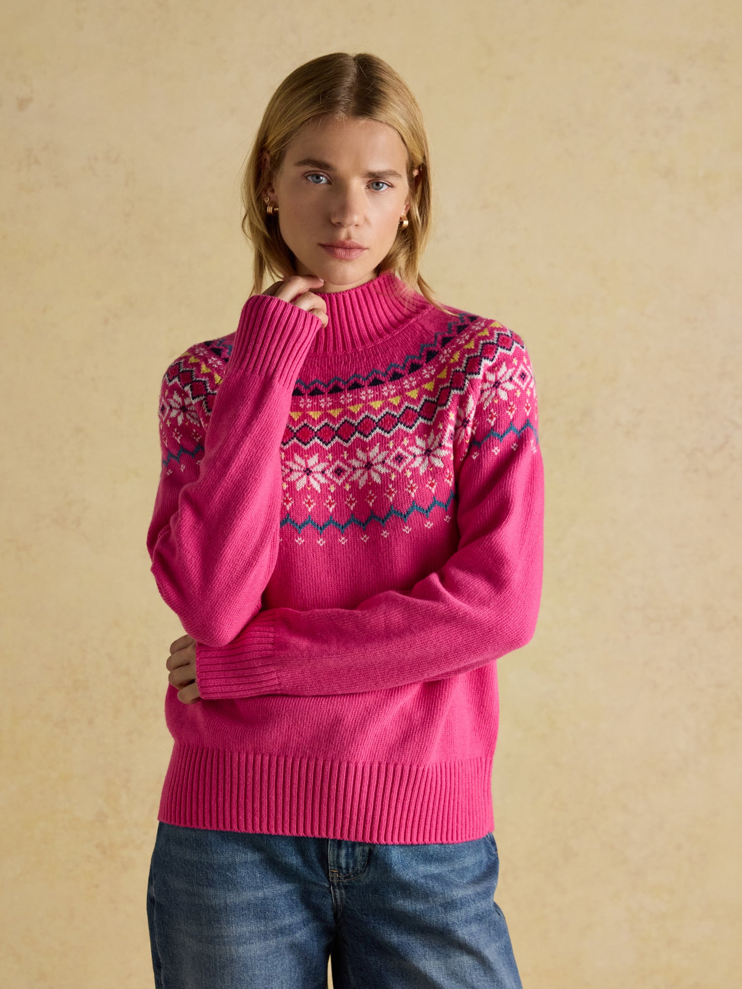 Joules Alba Pink Fair Isle High Neck Cotton-Blend Jumper