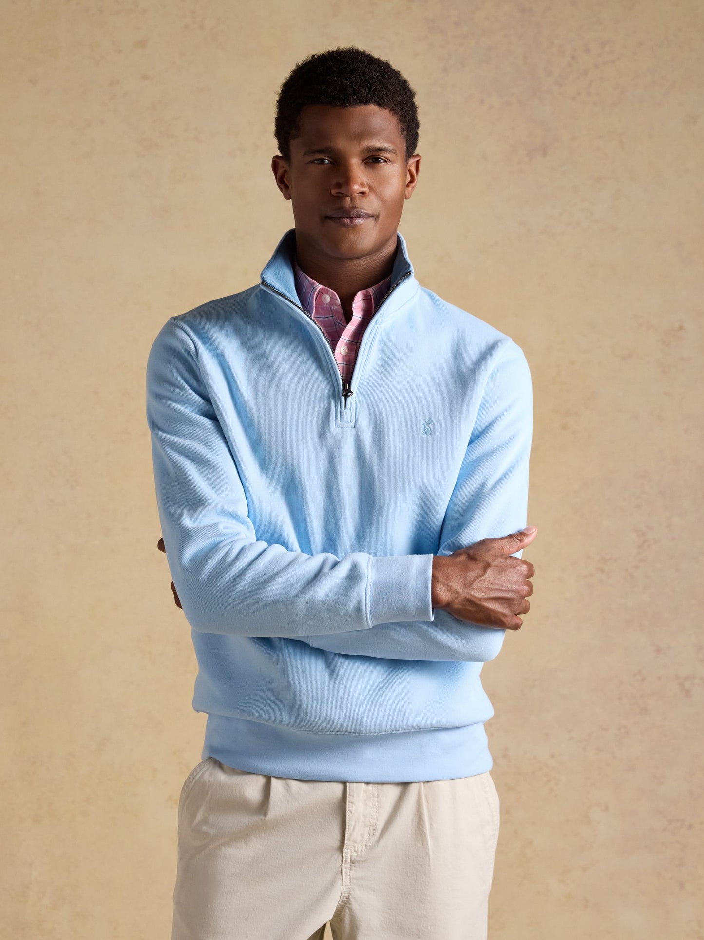 Joules Alistair Light Blue French Ribbed Knit Quarter Zip Sweatshirt