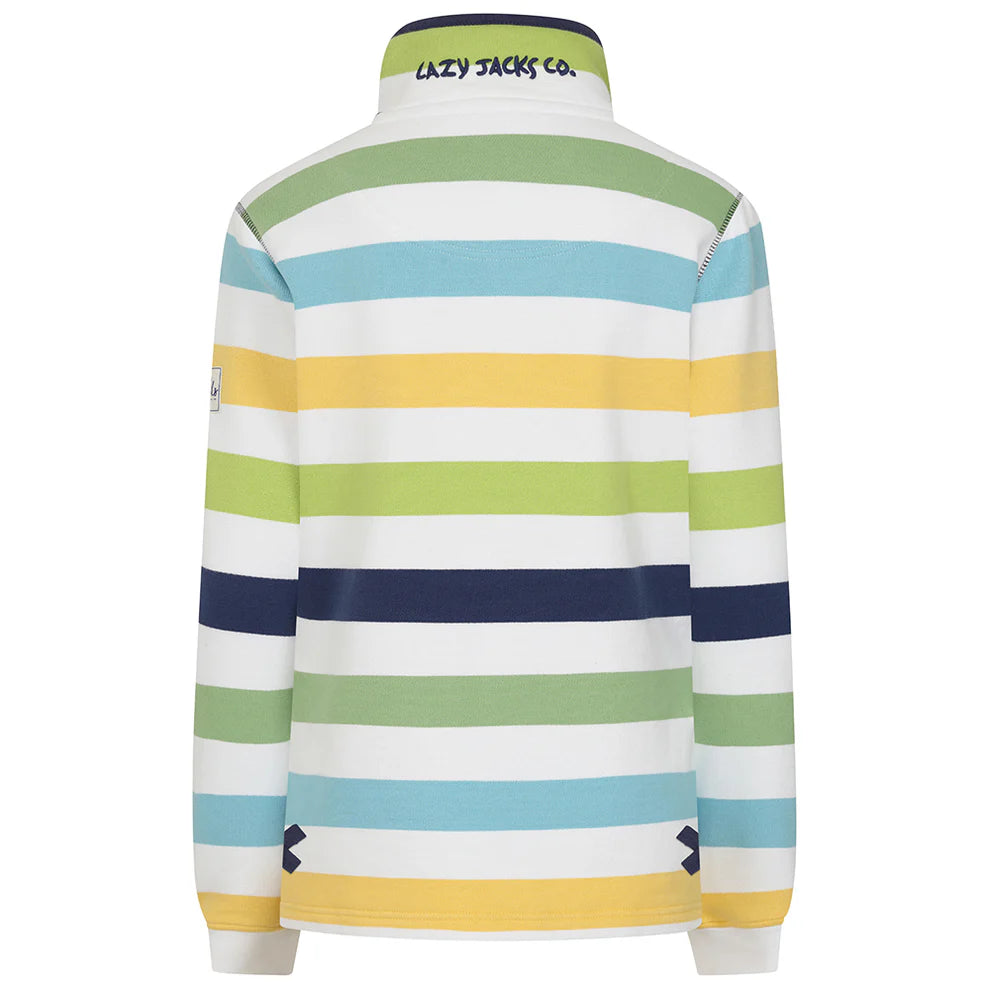 Lazy Jacks Striped Button Neck Sweatshirt in Greens