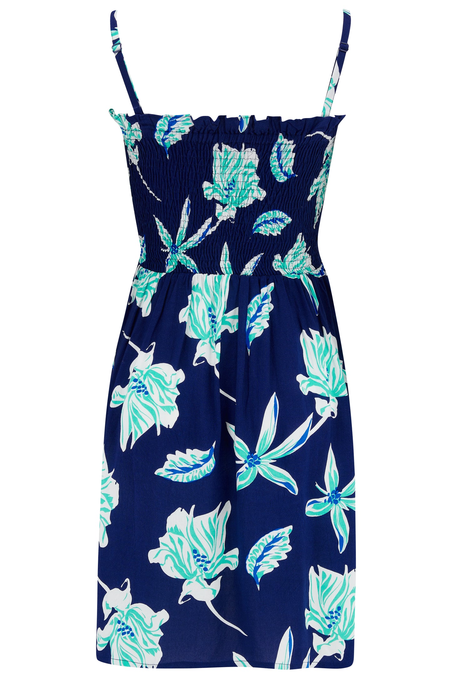 Pour Moi Removable Straps Shirred Bandeau Beach Dress in Navy Tropical
