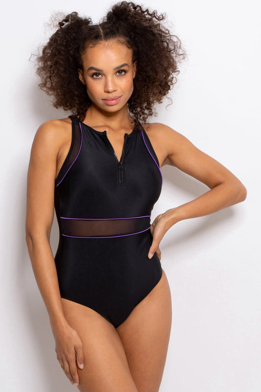 Pour Moi Energy Chlorine Resistant High Neck Zip Front Swimsuit - Black/Purple