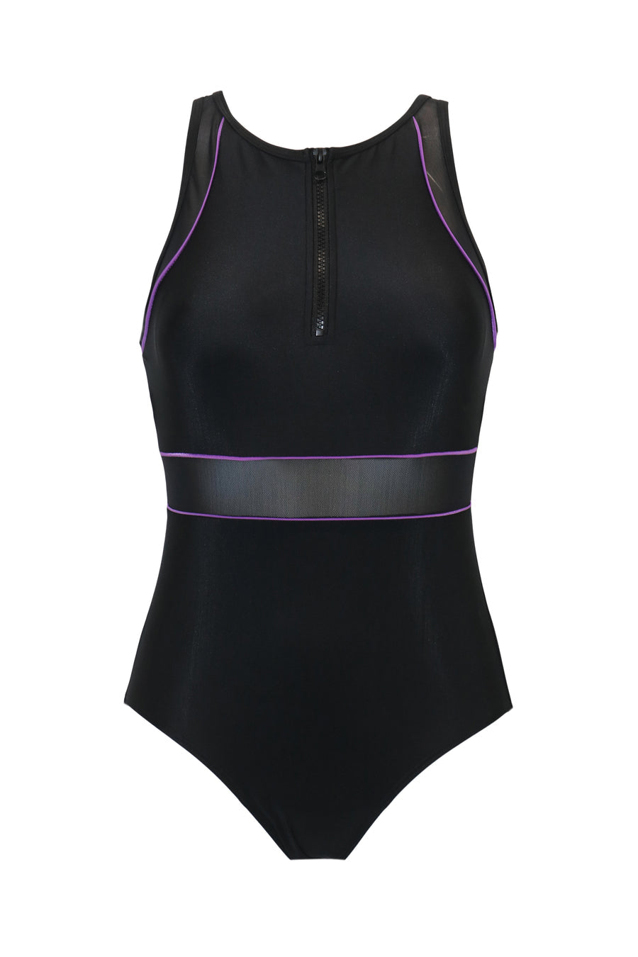 Pour Moi Energy Chlorine Resistant High Neck Zip Front Swimsuit - Black/Purple