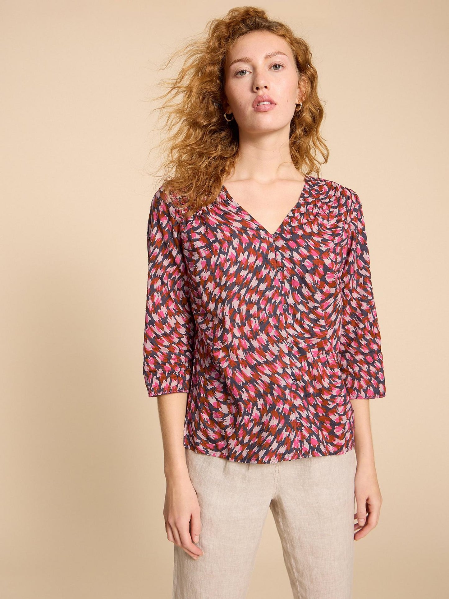 White Stuff Rae Organic Top in Pink Print