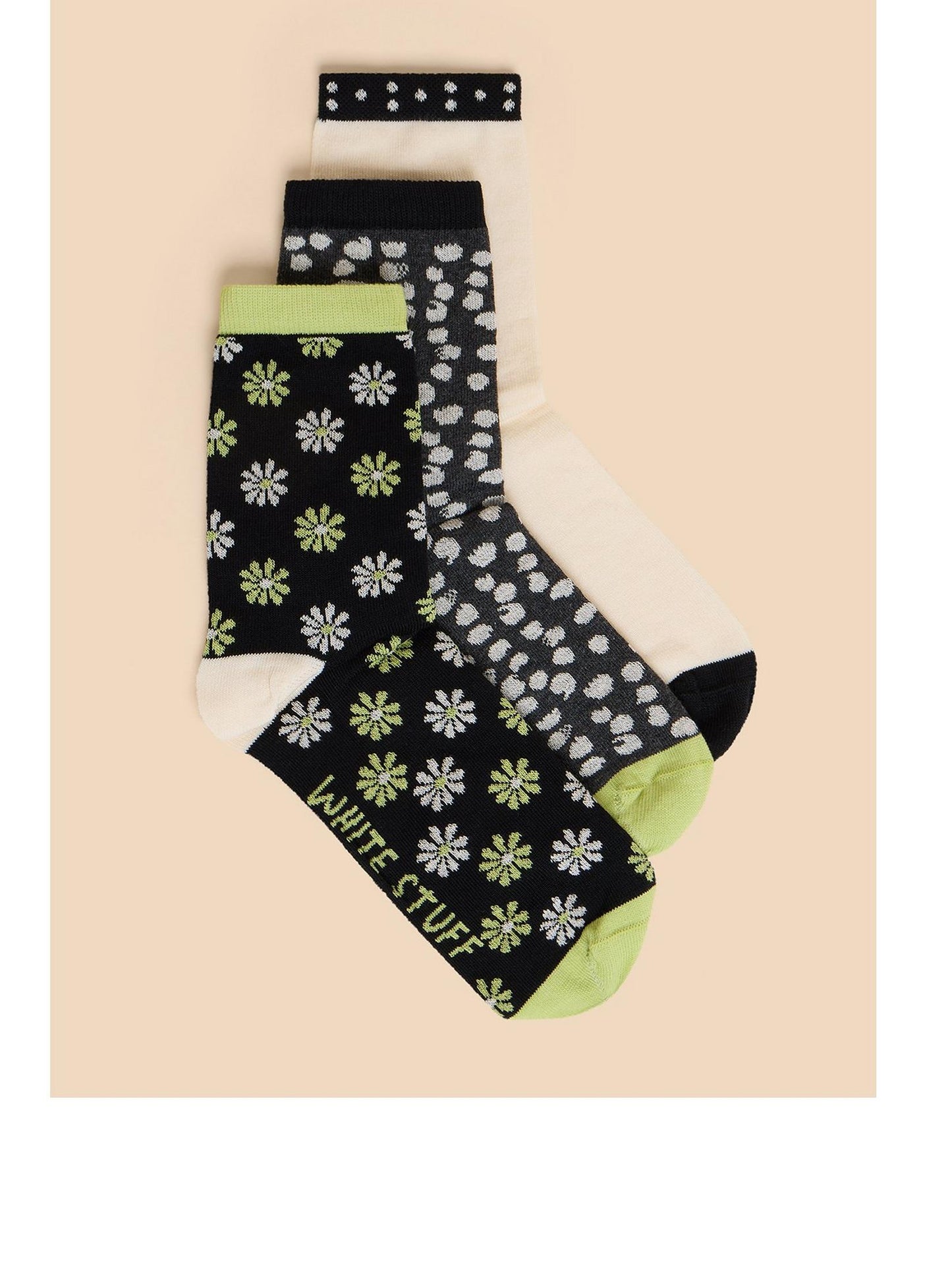 White Stuff 3 Pack Daisy Ankle Sock in Black Multi