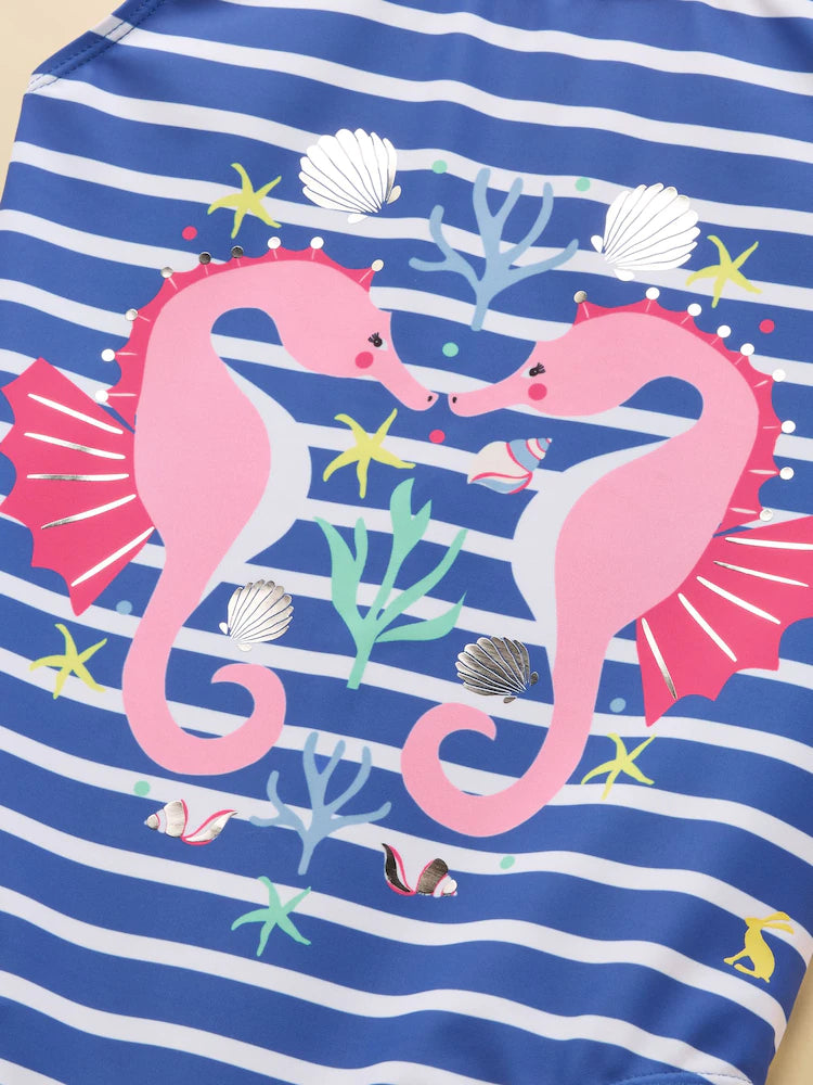 Joules Girls' Splash Blue Seahorse Swimming Costume