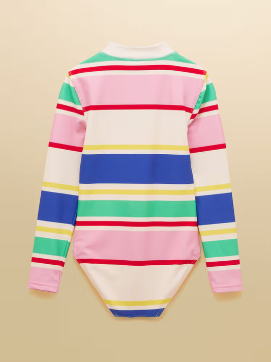 Joules Multi Strip Long Sleeve Girls Swimsuit in Multi Stripe