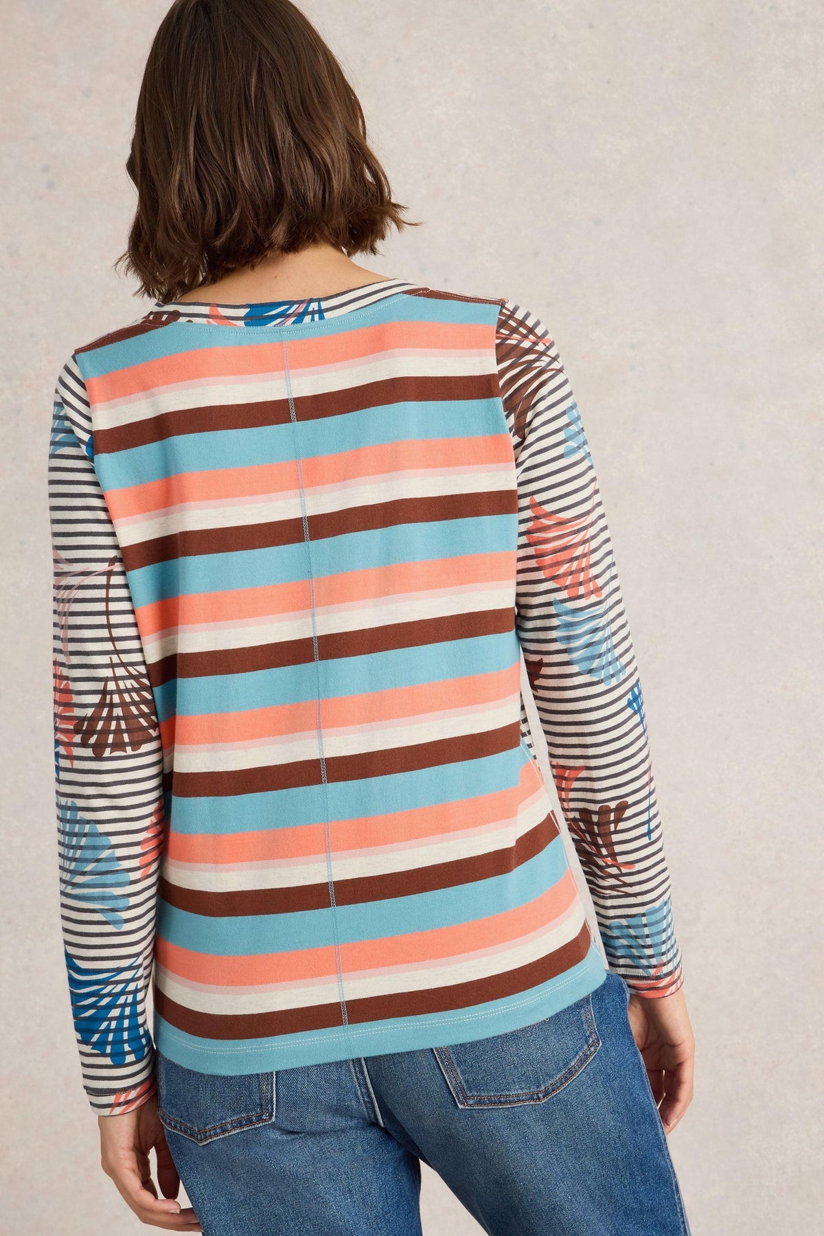 White Stuff Nelly Notch long Sleeve T-Shirt in Coral Multi