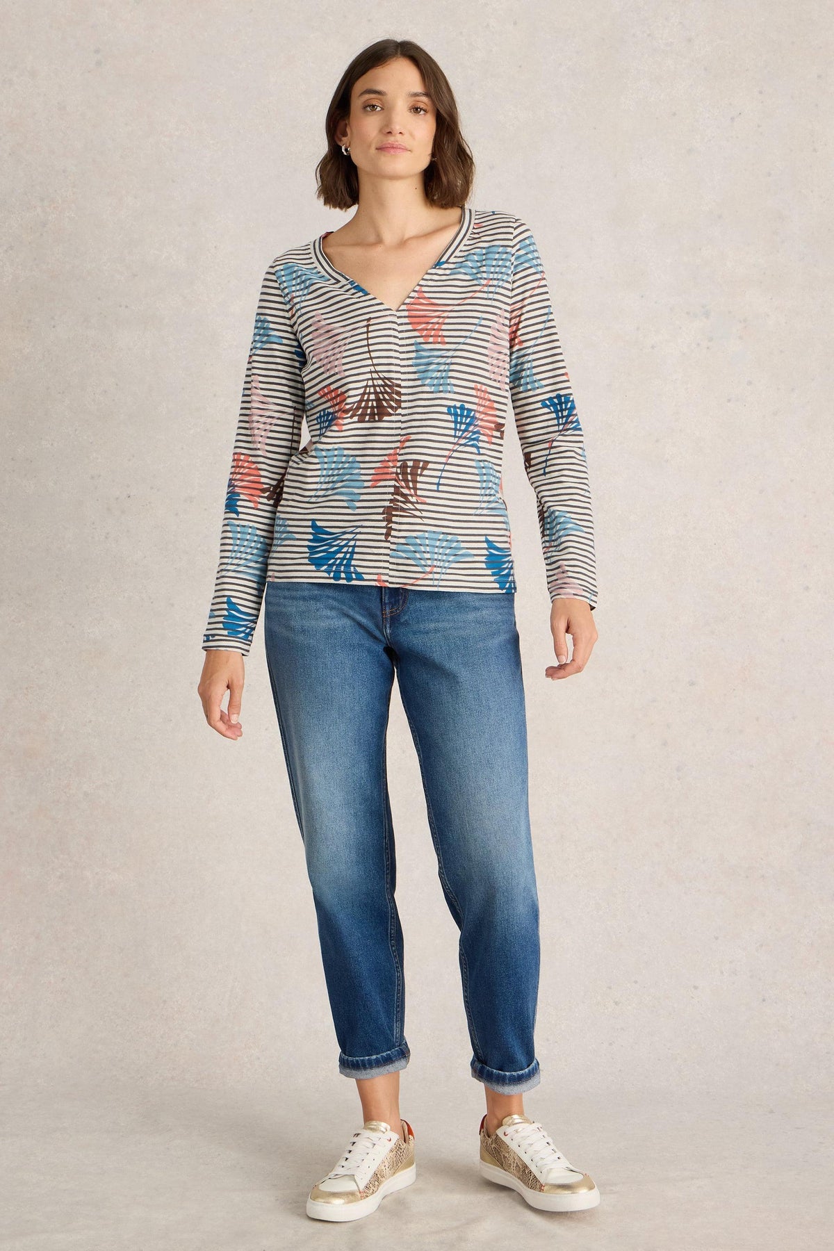 White Stuff Nelly Notch long Sleeve T-Shirt in Coral Multi