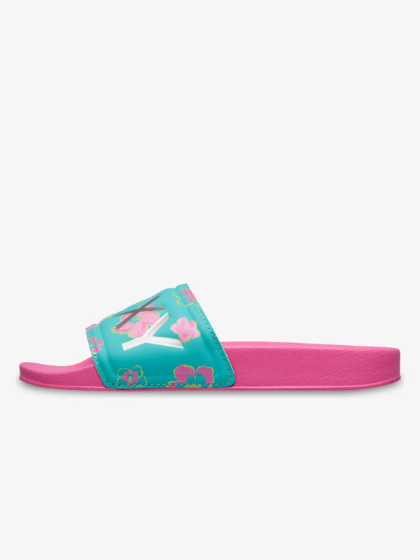 Roxy Slippy Girls Sliders in Light Green/Magenta