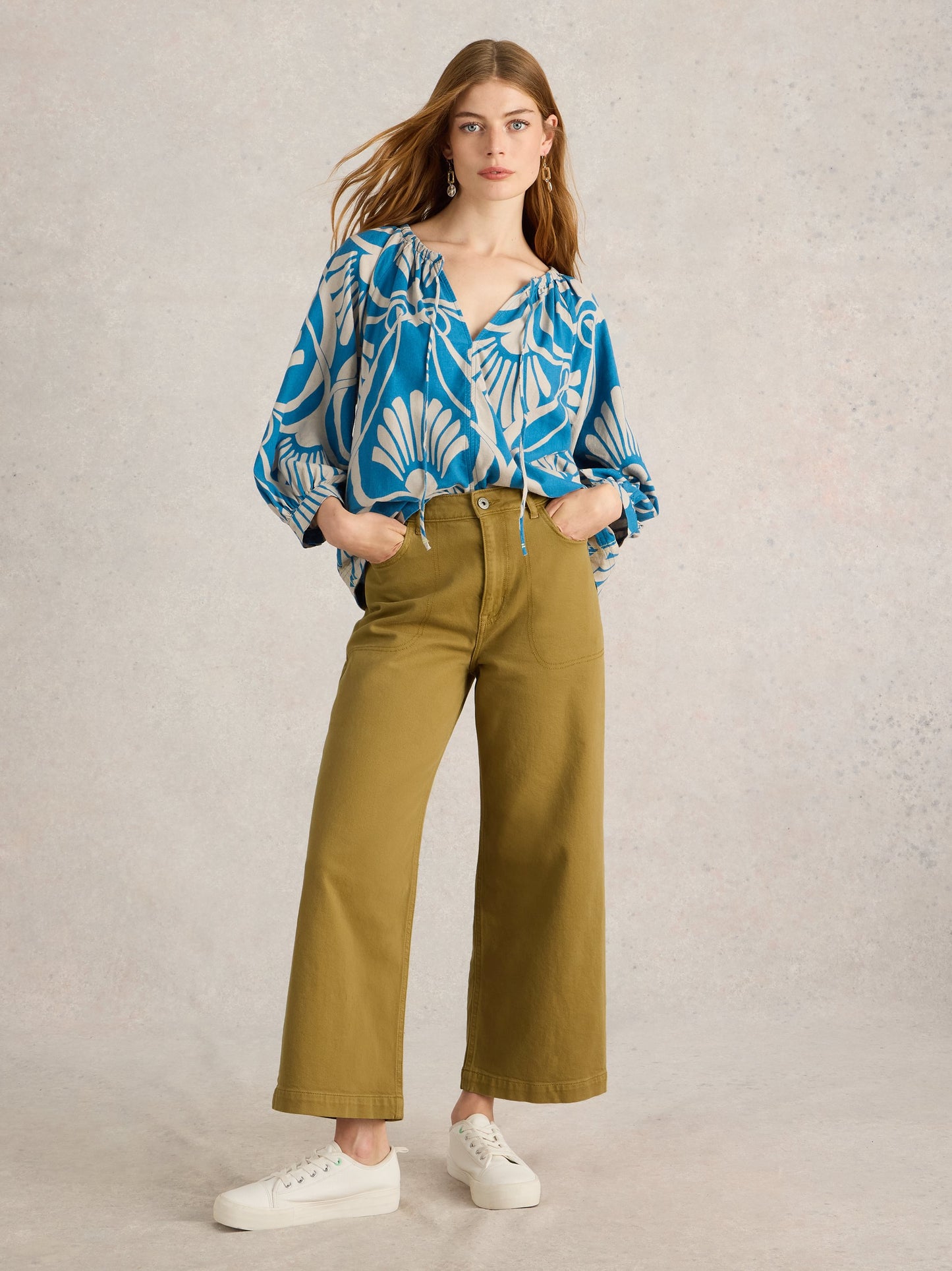 White Stuff Tia Wide Leg Crop Jean in Khaki Green