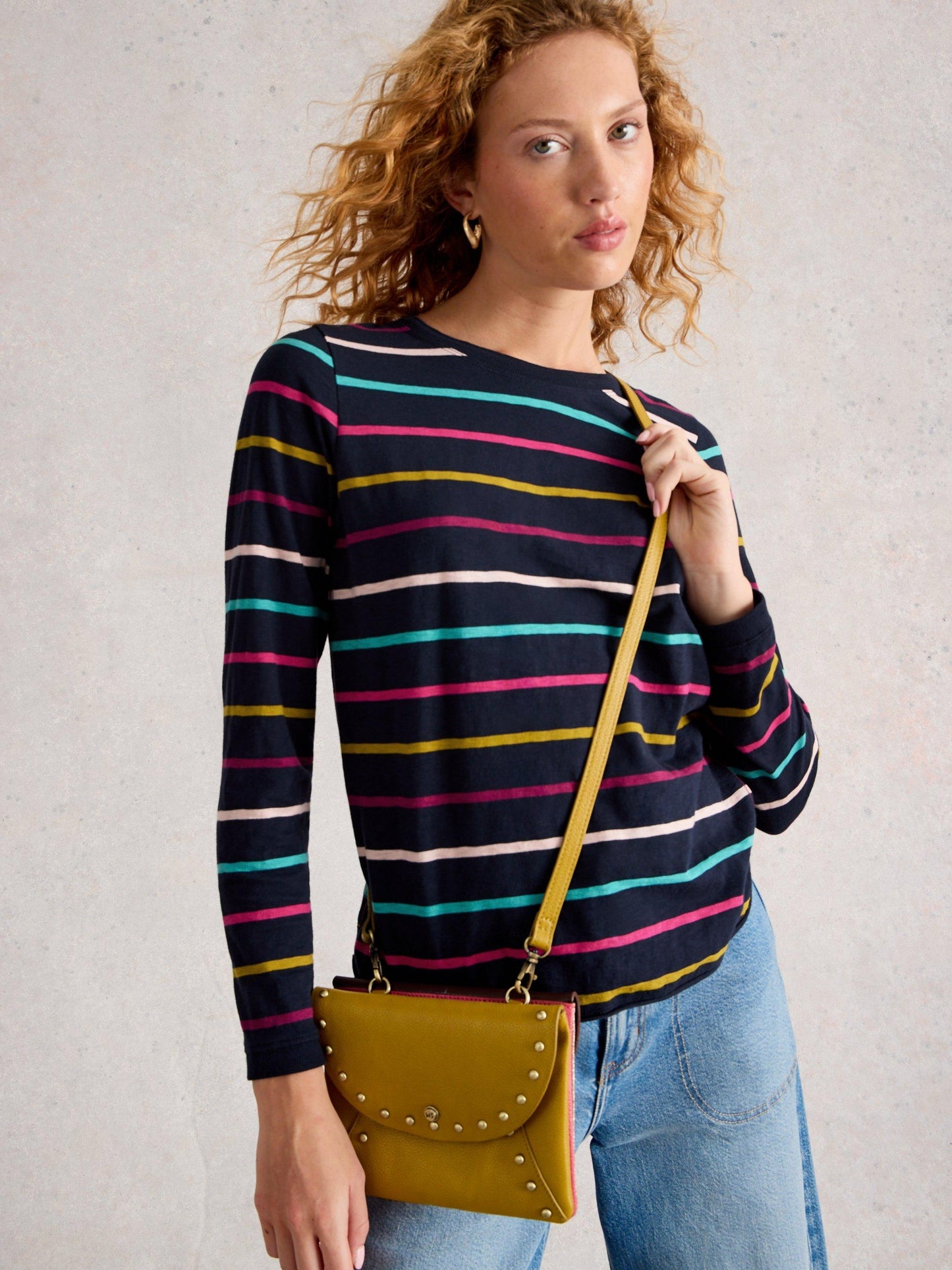 White Stuff Clara Long Sleeved Striped Top in Navy Multi