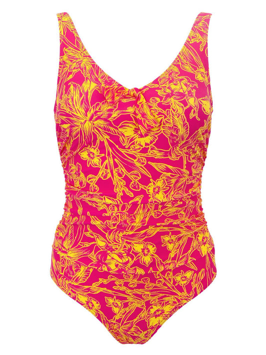 Pour Moi Freedom Scoop Neck Tummy Control Swimsuit in Pink/Yellow