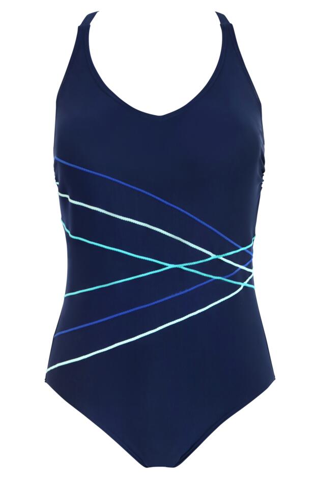 Pour Moi Energy Chlorine Resistant V-Neck Linear Swimsuit in Navy/Aqua