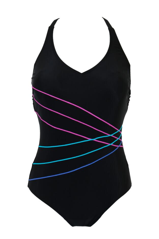 Pour Moi Energy Chlorine Resistant V-Neck Linear Swimsuit in Black Mix
