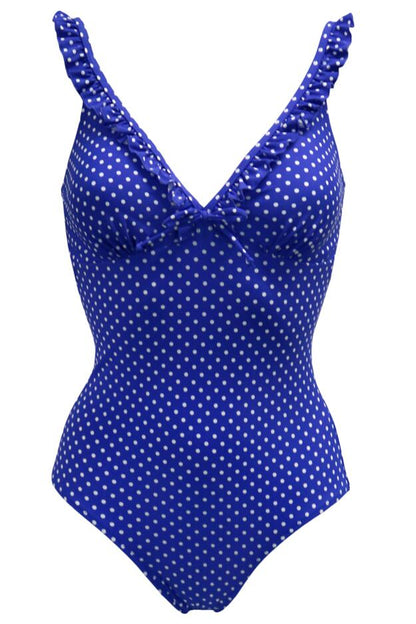 Pour Moi Sicily Frill Tummy Control Swimsuit in Blue/White
