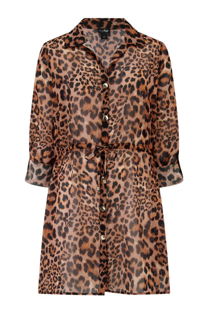 Pour Moi Chiffon Button Through Beach Shirt in Leopard