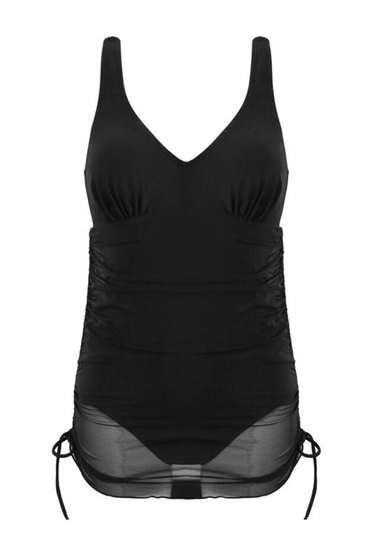 Pour Moi Dubai Mesh Adjustable Tummy Control Skirted Swimsuit in Black