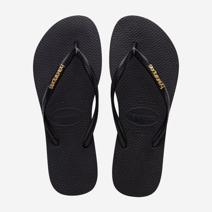 Havaianas Slim Logo Metallic Flip Flops in Black/Gold
