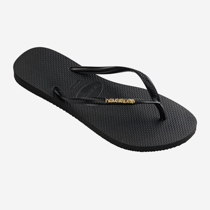 Havaianas Slim Logo Metallic Flip Flops in Black/Gold