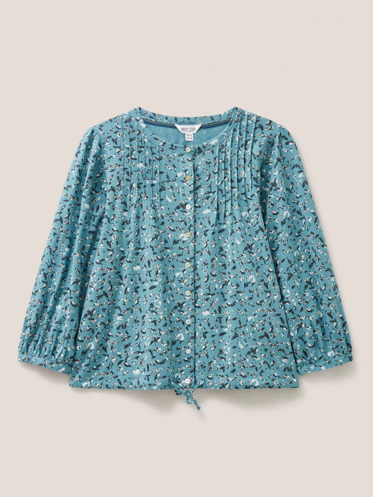 White Stuff Bennie Tie Hem Shirt in Teal Print