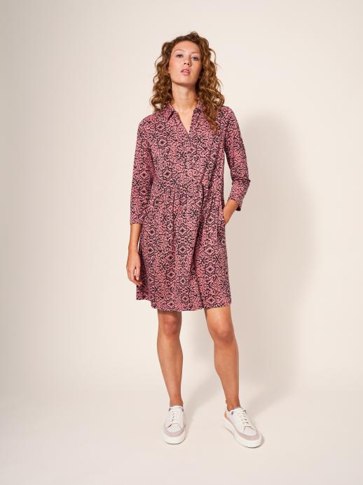 White Stuff Everly Jersey Cotton Shirt Dress in Red Multi