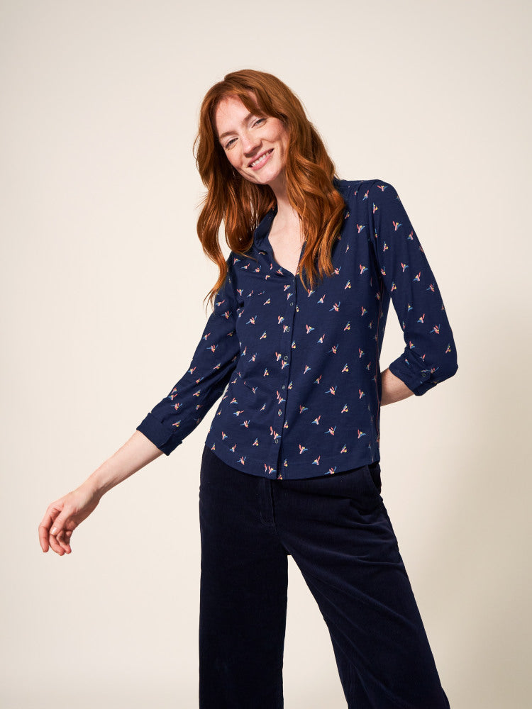 White Stuff Annie Cotton Jersey Shirt in Navy Print