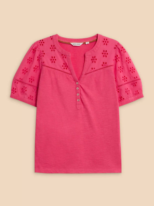 White Stuff Bella Broderie Mix Top in Mid Pink