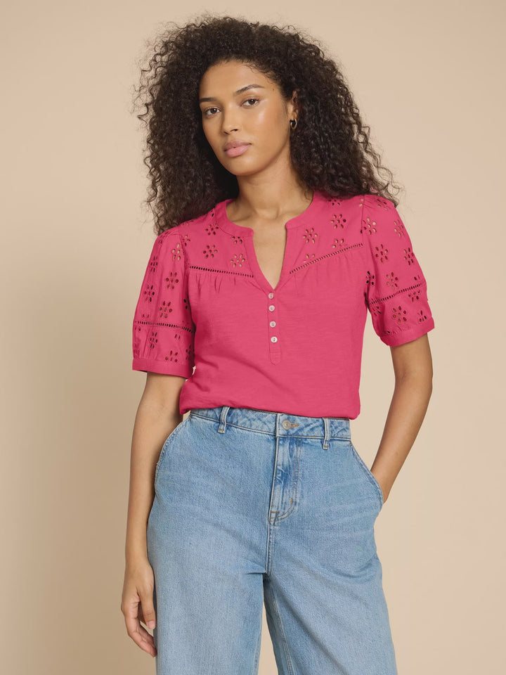 White Stuff Bella Broderie Mix Top in Mid Pink