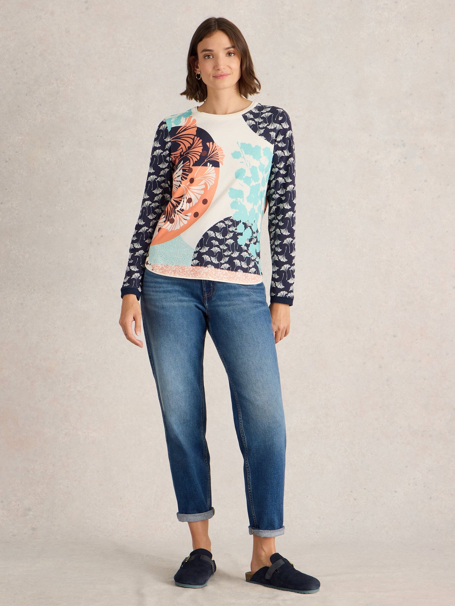 White Stuff Clara Long Sleeve T-Shirt in Blue Print