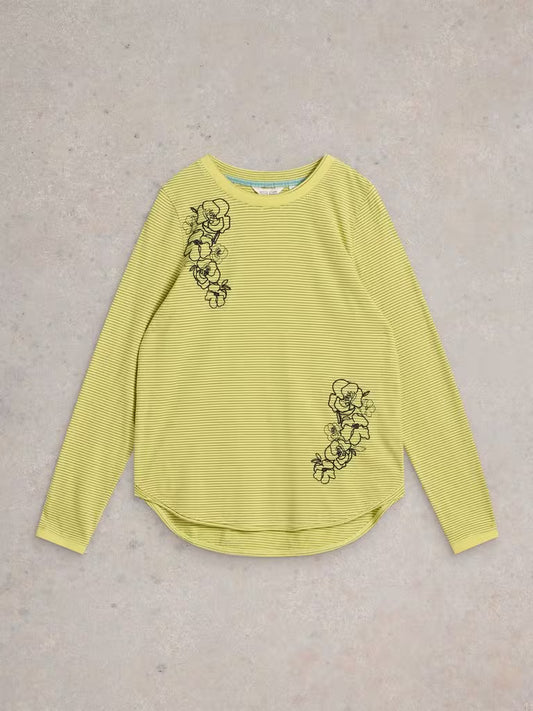 White Stuff Clara Long Sleeve Embroidered Top in Yellow Multi