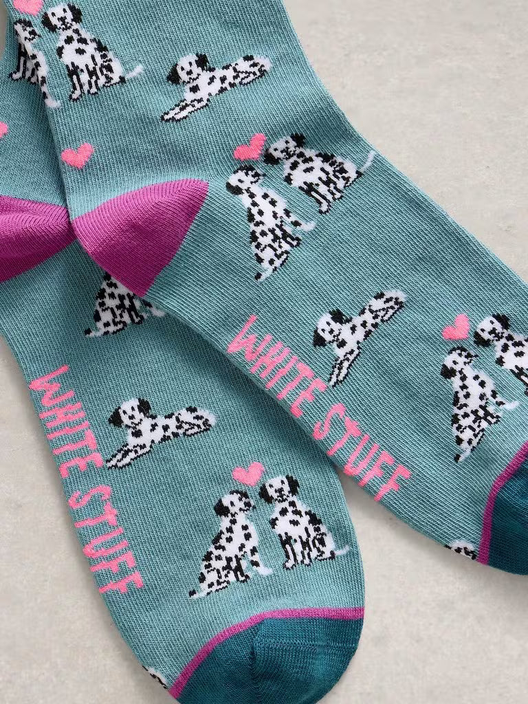 White Stuff Novelty Dalmation Ankle Socks in Mid Blue