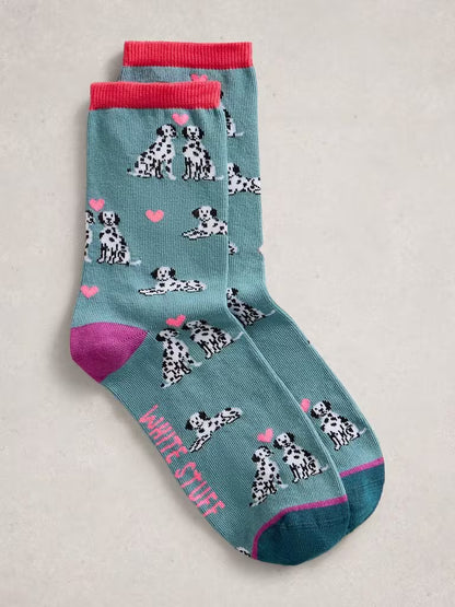 White Stuff Novelty Dalmation Ankle Socks in Mid Blue