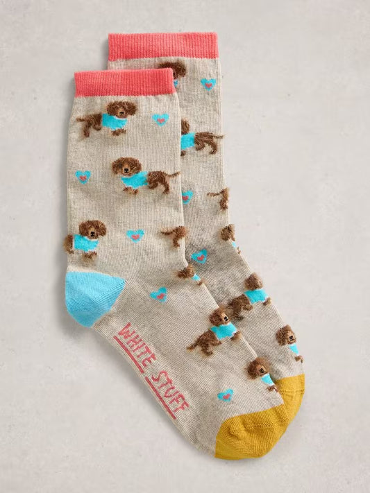 White Stuff Fluffy Sausage Print Ankle Sock in Grey Multi