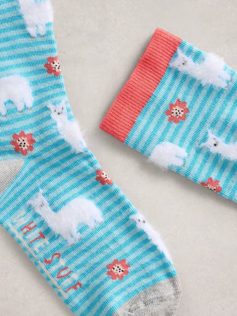 White Stuff Fluffy Llama Print Ankle Socks in Blue Multi