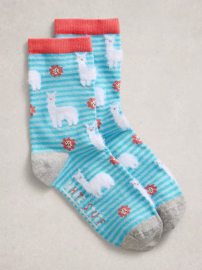 White Stuff Fluffy Llama Print Ankle Socks in Blue Multi