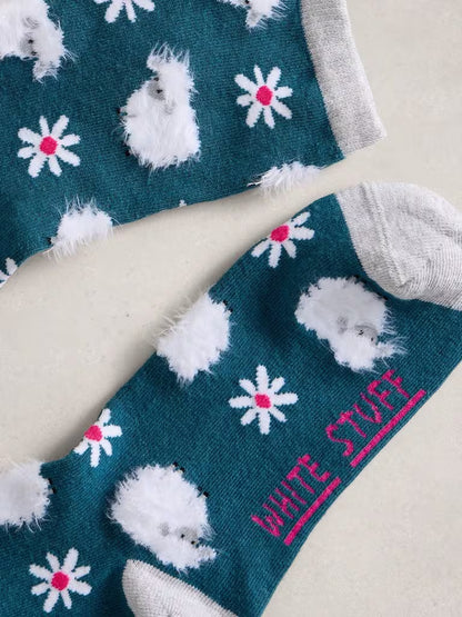 White Stuff Fluffy Sheep Print Ankle Socks in Dark Teal