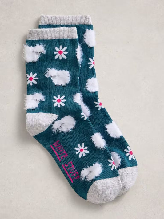 White Stuff Fluffy Sheep Print Ankle Socks in Dark Teal