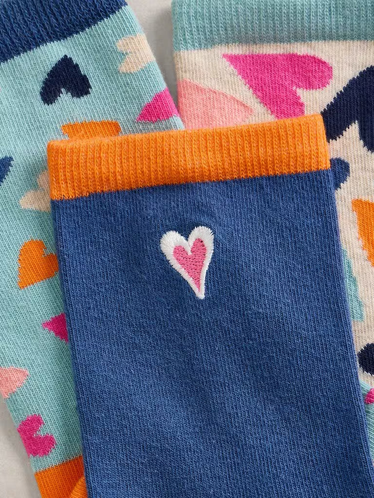 White Stuff 3 Pack Heart Socks in Blue Multi