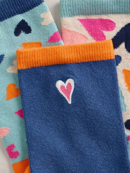 White Stuff 3 Pack Heart Socks in Blue Multi