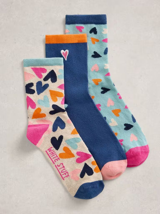 White Stuff 3 Pack Heart Socks in Blue Multi