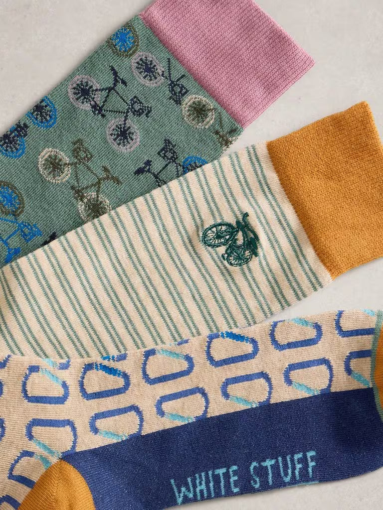 White Stuff 3 Pack Bicycle Socks in Natural Multi