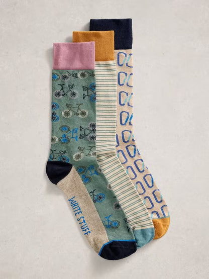 White Stuff 3 Pack Bicycle Socks in Natural Multi